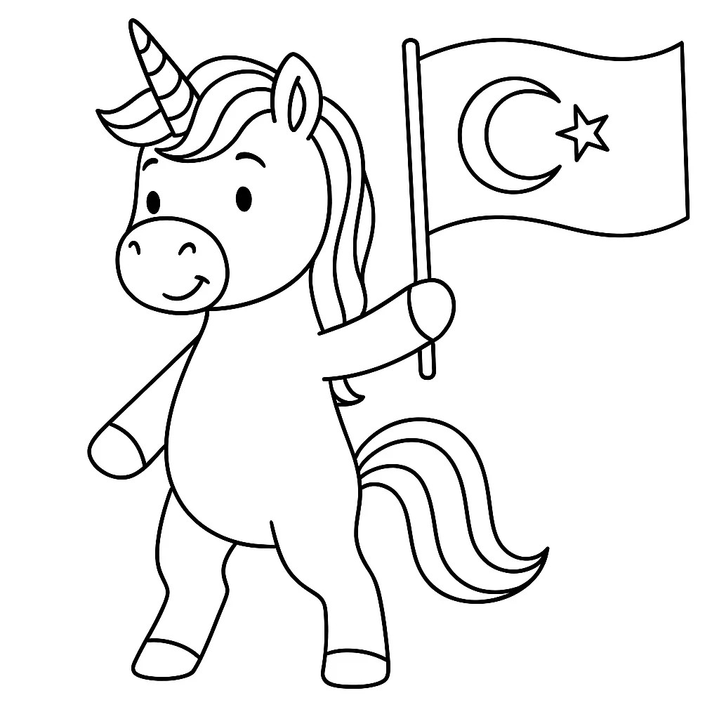 Türk Bayraklı Unicorn Boyama Sayfası