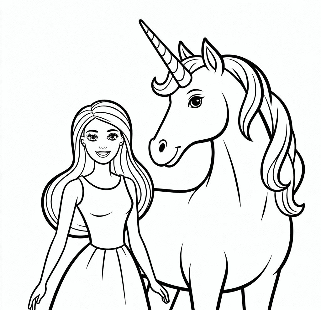 Barbie Ve Unicorn Boyama Sayfası