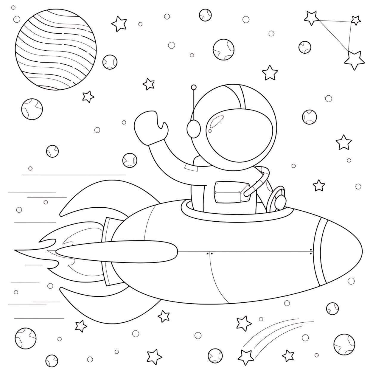Uzayda Roket Süren Astronot Boyama Sayfası