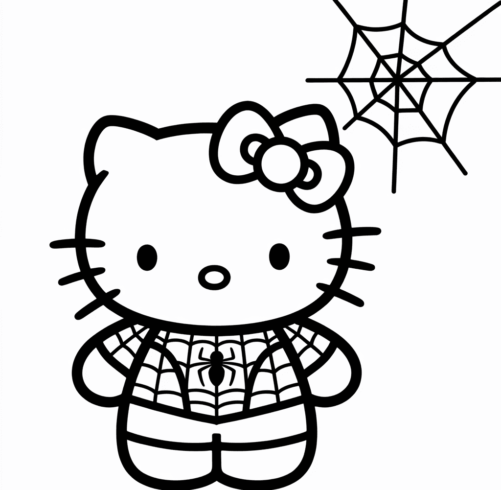 Hello Kitty’Nin Spider Man Kostümünde Boyama Sayfası