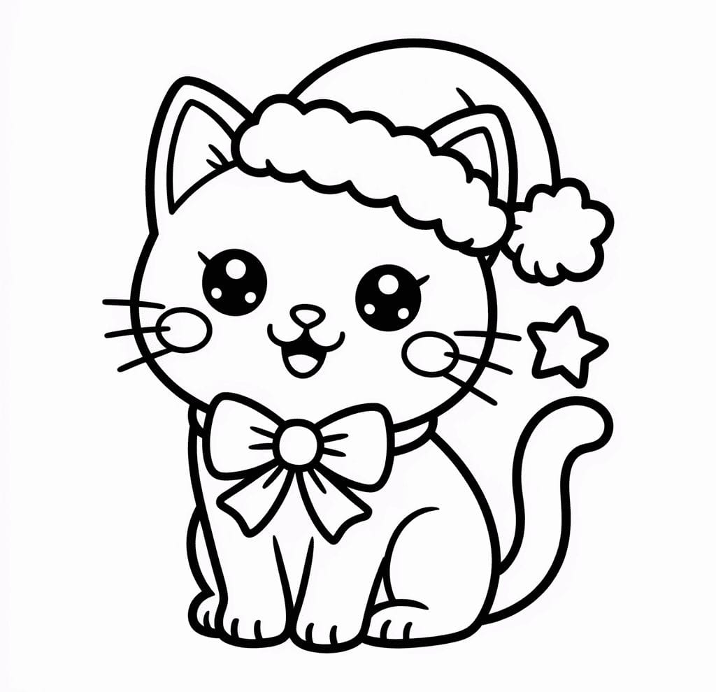 Noel Şapkalı Kedi Boyama Sayfası