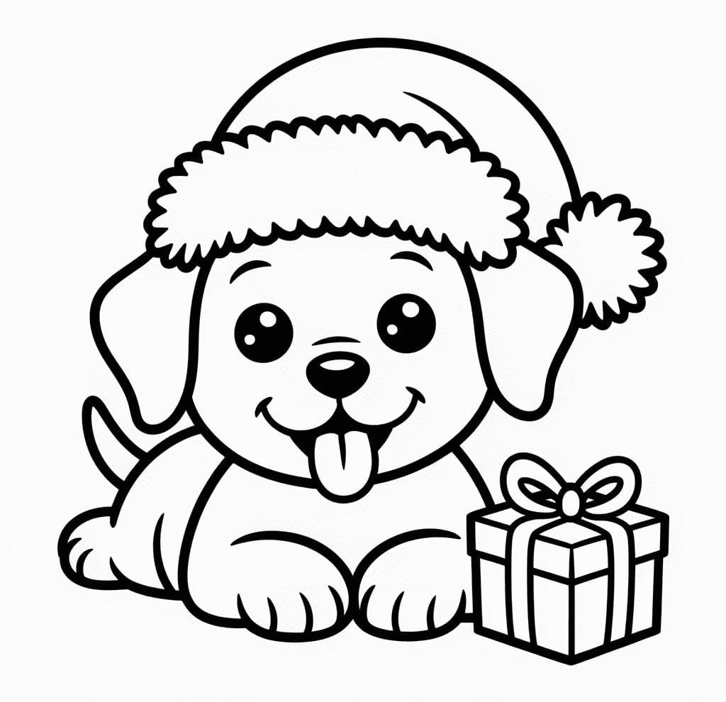 Noel Şapkalı Köpek Boyama Sayfası