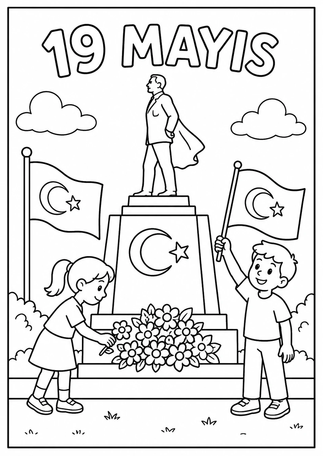 19 Mayıs Atatürk Heykeli ve Çocuklar Boyama Sayfası