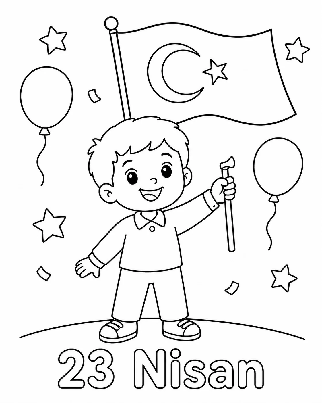 23 Nisan Bayraklı Çocuk Boyama Sayfası