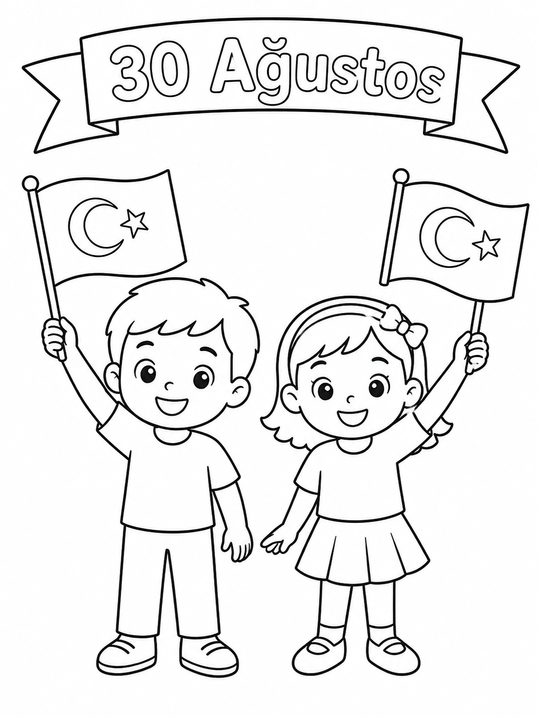 30 Ağustos Bayraklı Çocuklar Boyama Sayfası