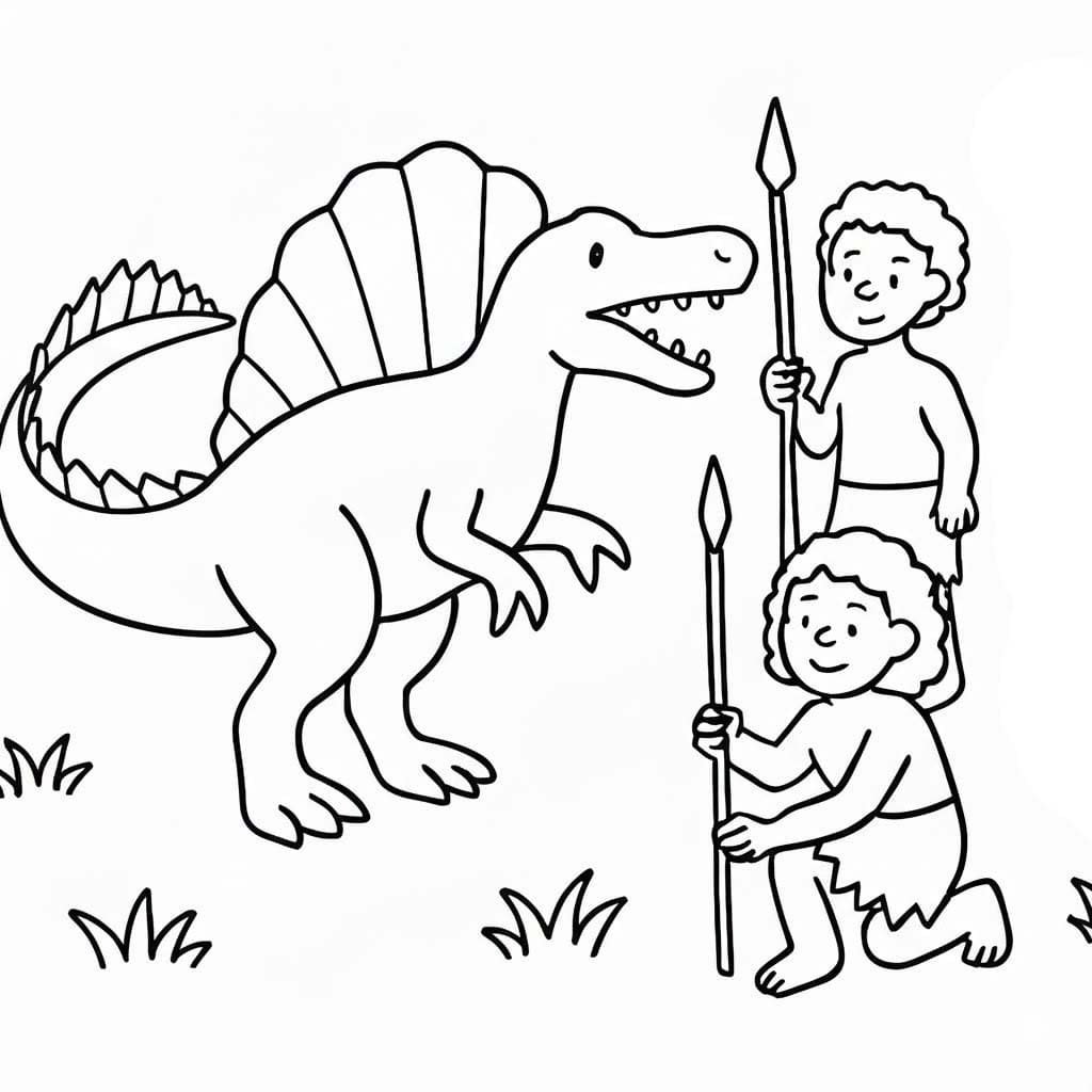 Spinosaurus ve İnsan Figürleri Boyama Sayfası