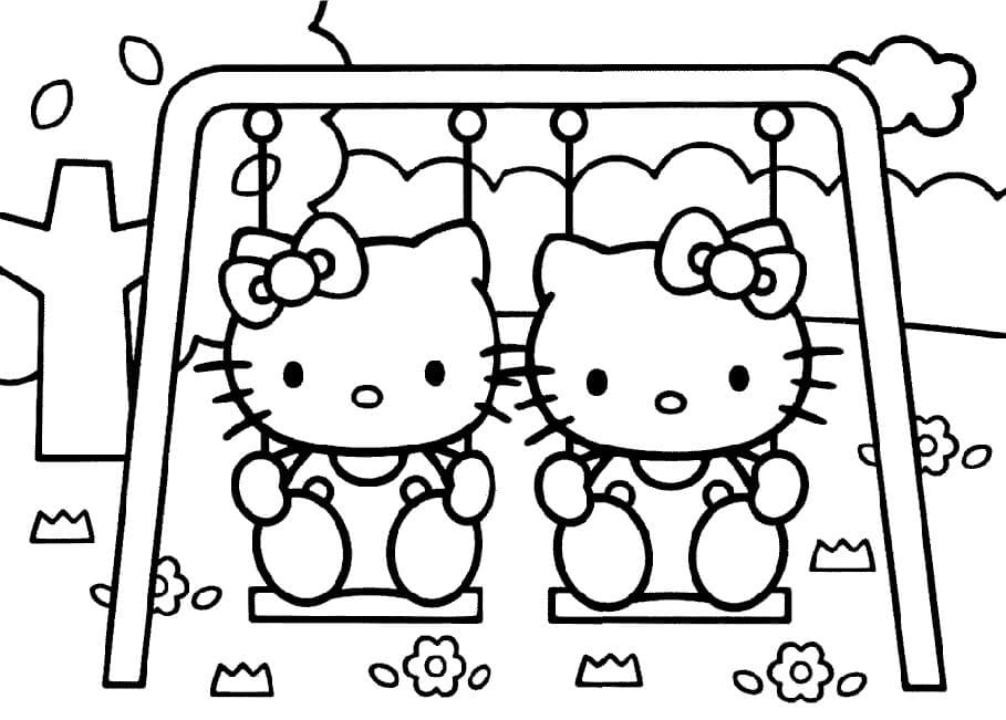 İki Hello Kitty Salıncakta Boyama Sayfası