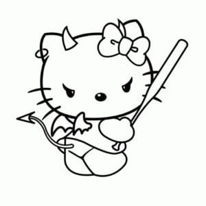 Bir Beyzbol Sopası Tutan Hello Kitty Şeytan Boyama Sayfası İndir