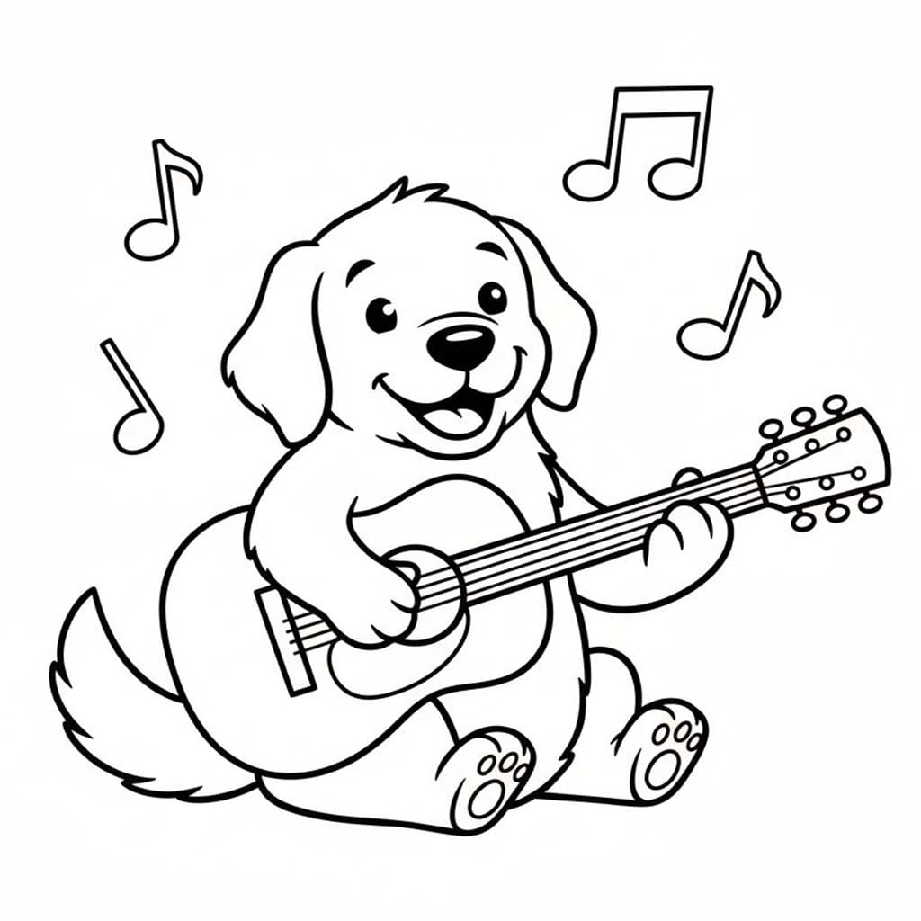 Gitar Çalan Köpek Yavrusu Boyama Sayfası