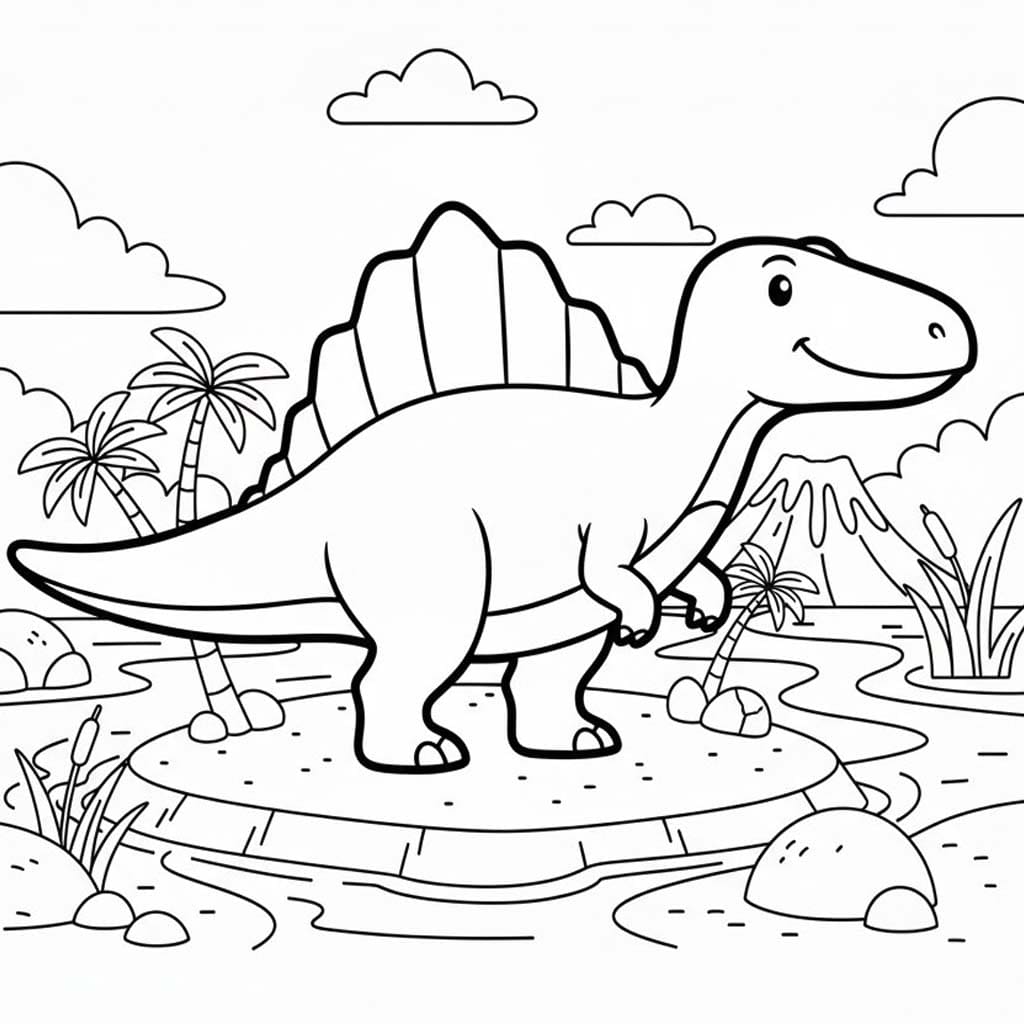 Spinosaurus ve Doğa Manzarası Boyama Sayfası