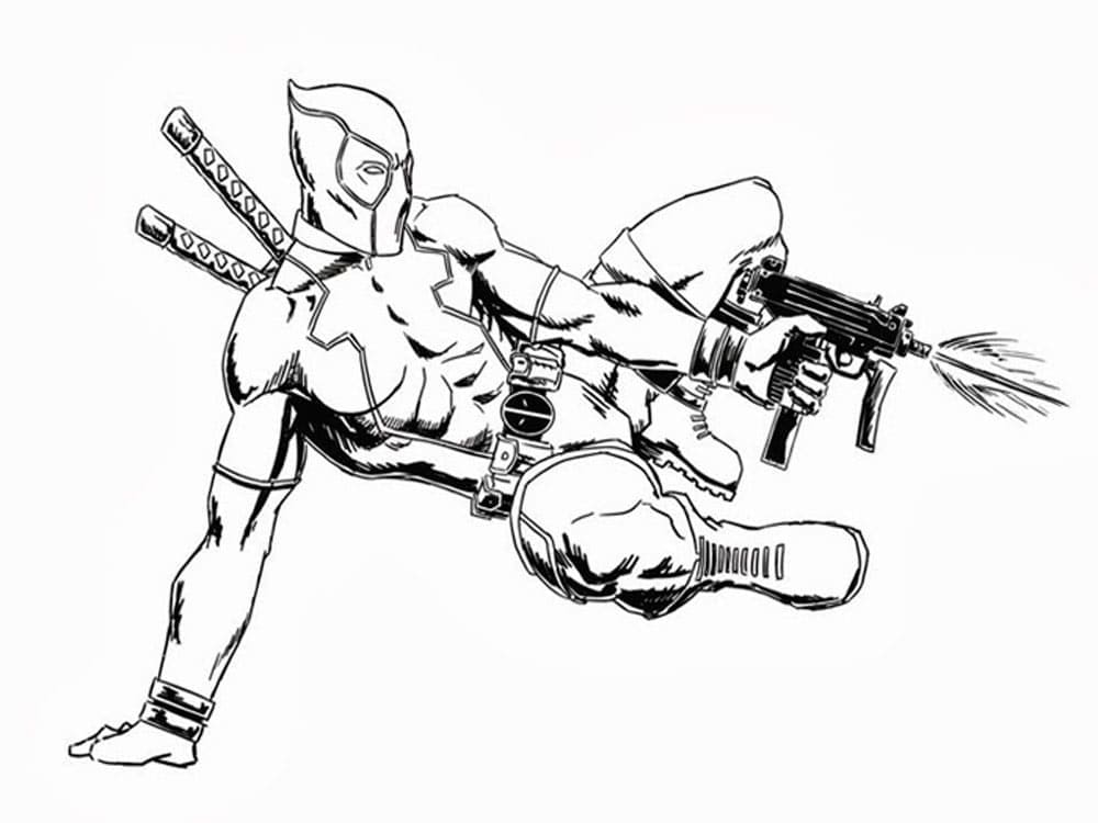 Deadpool Havada Ateş Ederken Boyama Sayfası