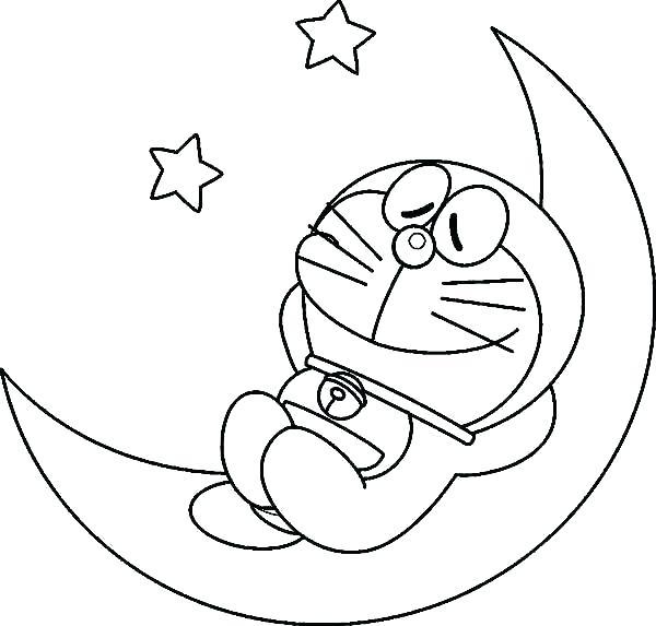 Doraemon Ay Üzerinde Dinleniyor Boyama Sayfası