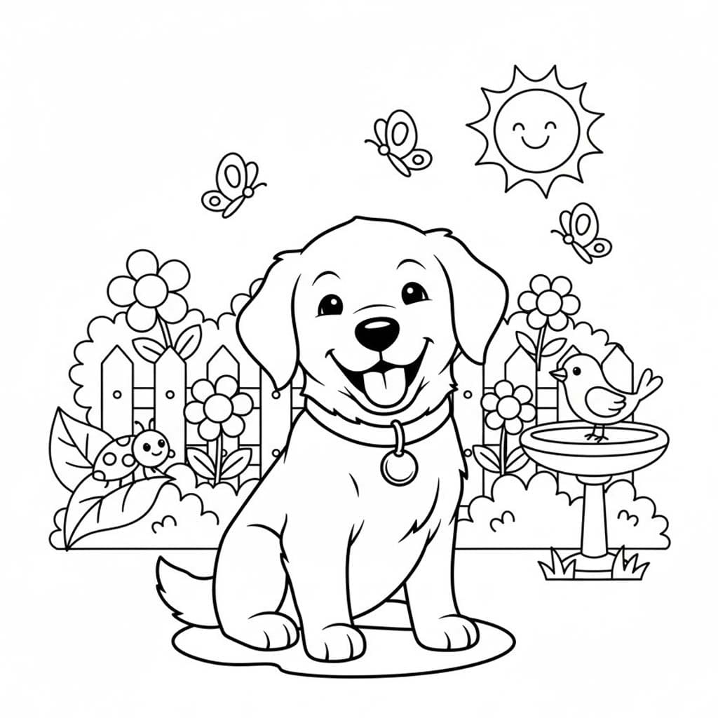 Golden Retriever ve Bahçe Boyama Sayfası