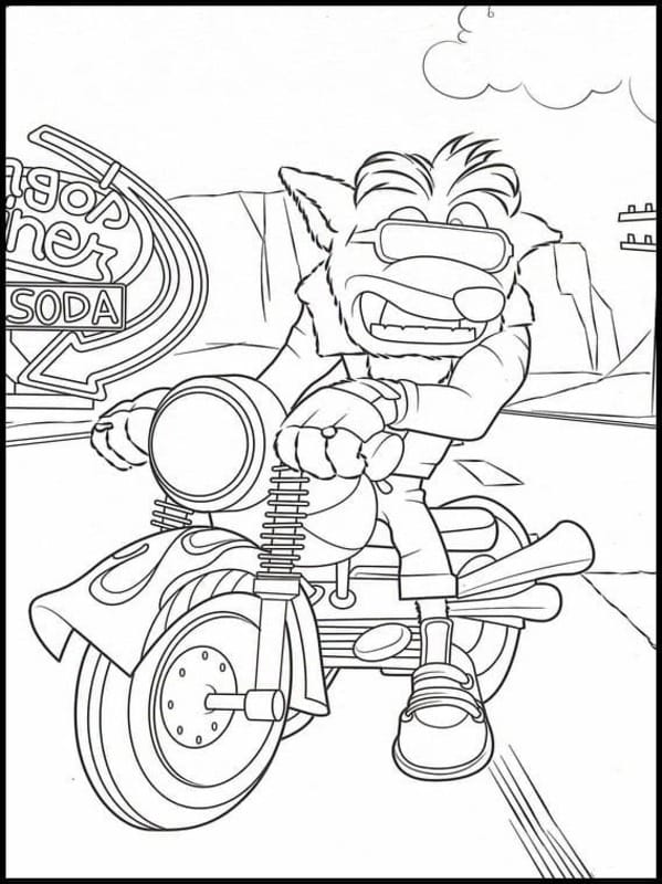 Crash Bandicoot Motosiklet Sürerken Boyama Sayfası