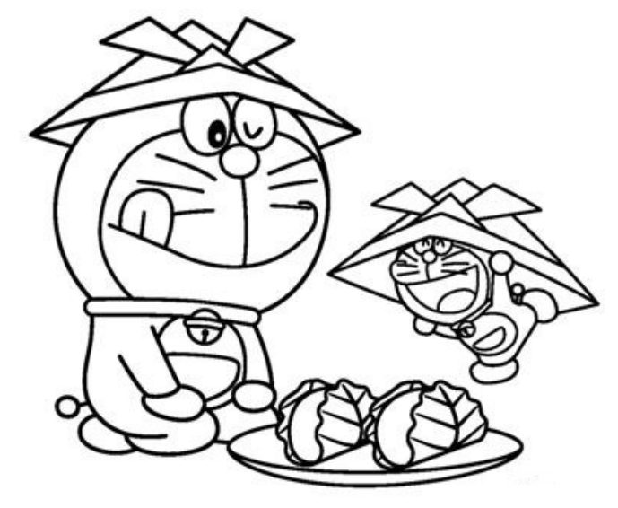 Şapkalı Doraemon ve Arkadaşı Boyama Sayfası