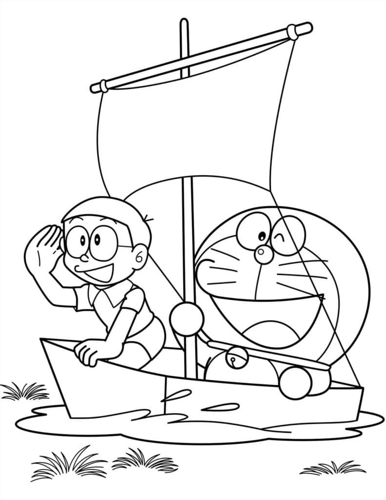Nobita ve Doraemon Teknede Boyama Sayfası