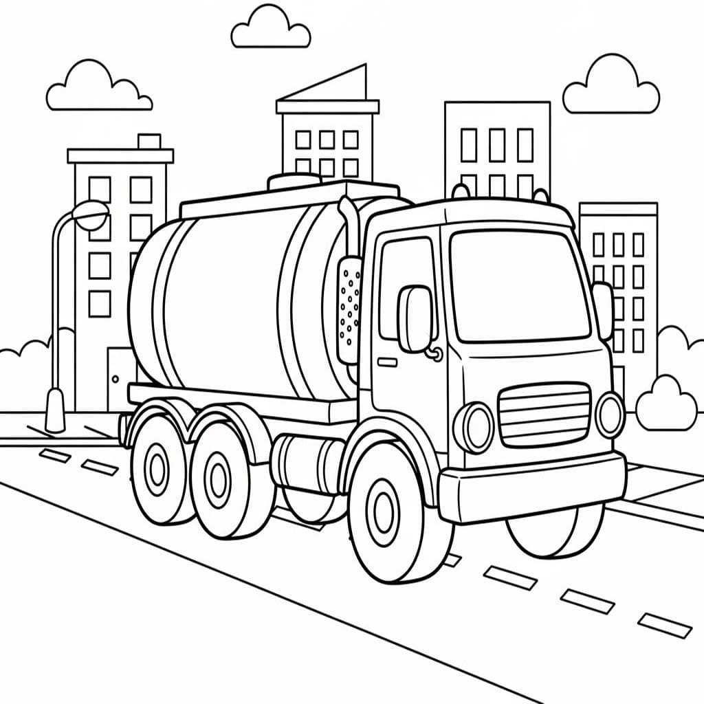Tanker Kamyonu ve Şehir Manzarası Boyama Sayfası