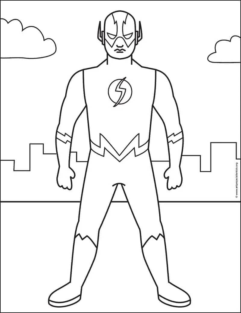 Flash Boyama Sayfası – Süper Kahraman ve Şehir Silüeti