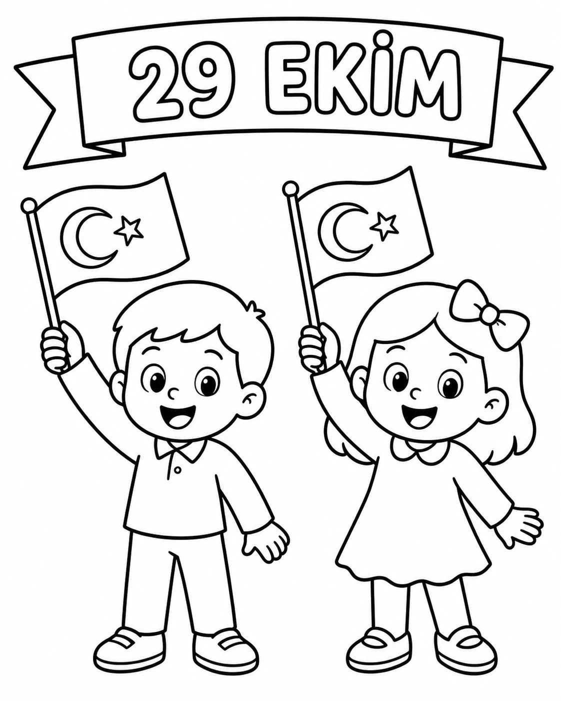 29 Ekim Bayrak Tutan Çocuklar Boyama Sayfası