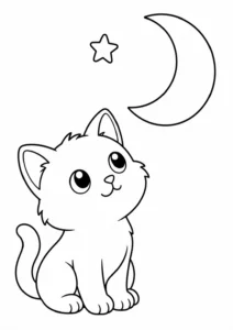 Minik Kitten ve Gece Gökyüzü Boyama Sayfası İndir