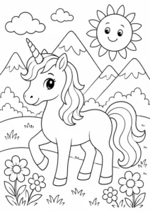 Neşeli Biricorn ve Dağ Manzarası Boyama Sayfası İndir