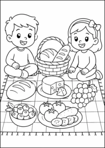 Piknik Zamanı Çocuklar ve Yiyecekler Boyama Sayfası İndir