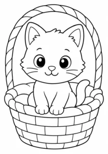 Sepet İçinde Sevimli Kedi Boyama Sayfası İndir
