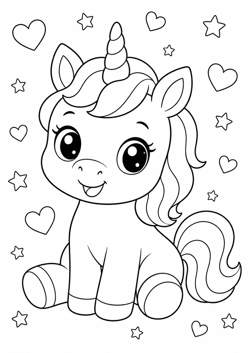 Oturan Unicorn ve Kalp Yıldızlar Boyama Sayfası