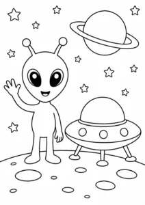Sevimli Uzaylı ve Ufo Macerası Boyama Sayfası İndir