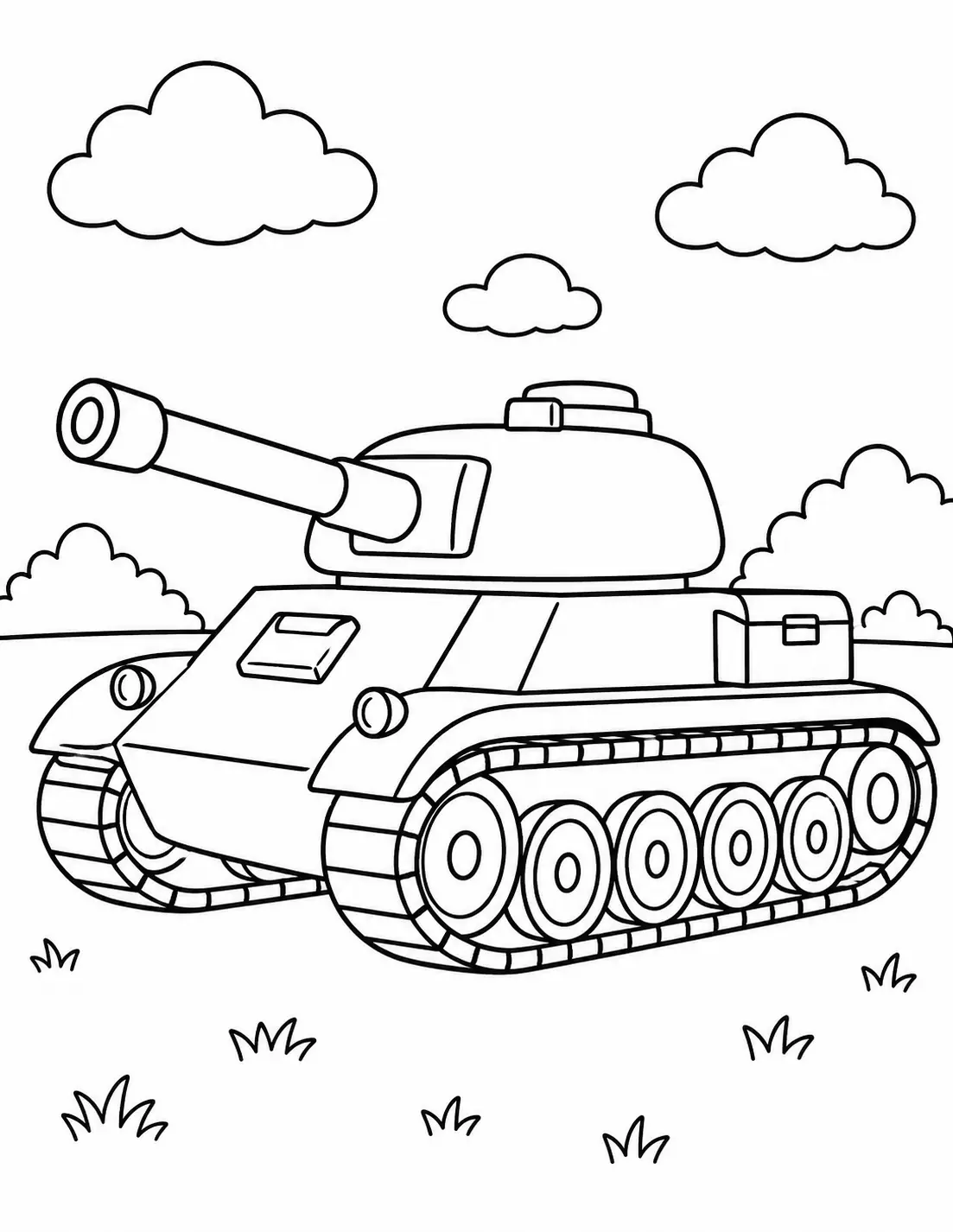 Tank ve Bulutlu Gökyüzü Boyama Sayfası