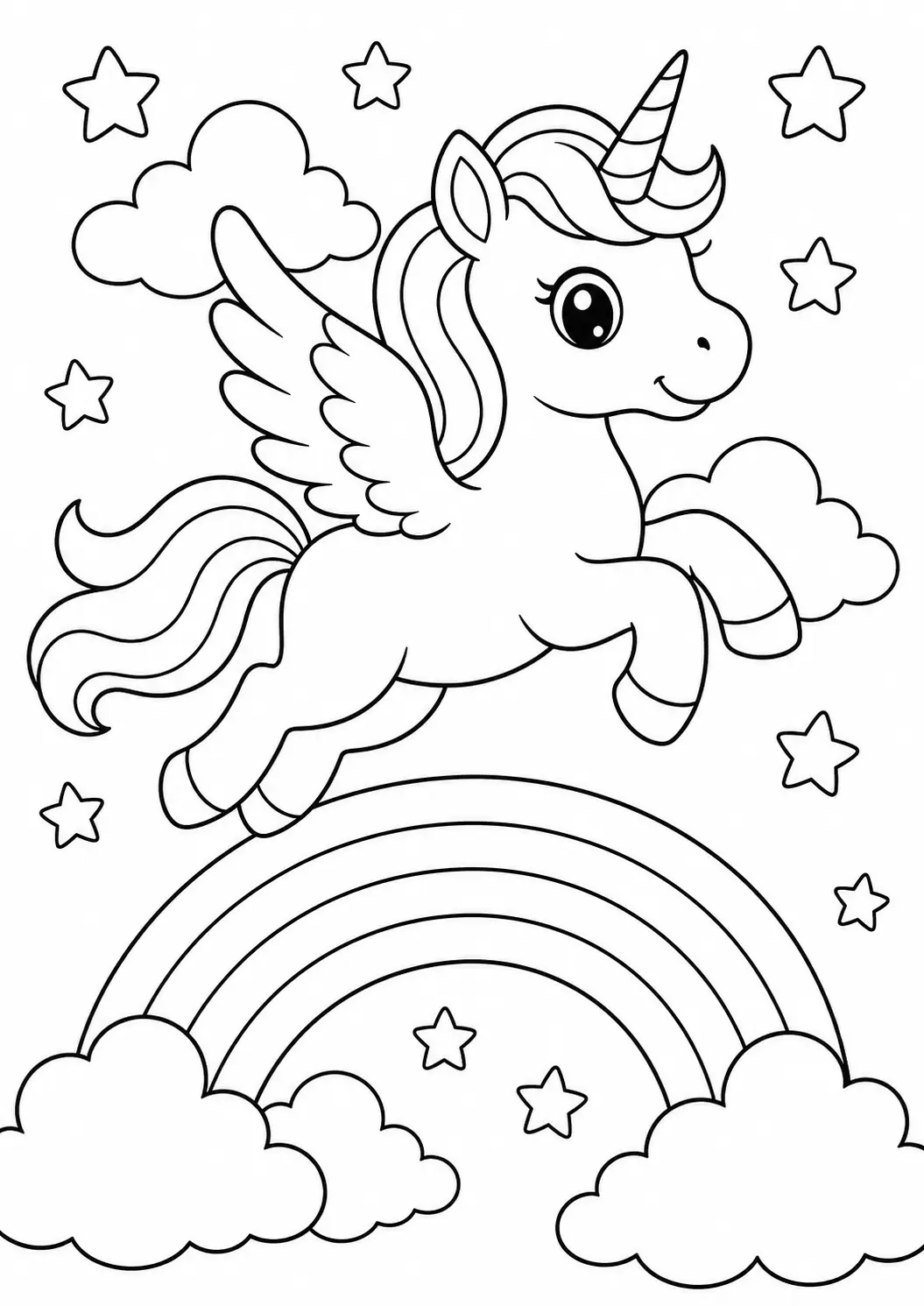Kanatlı Unicorn ve Gökkuşağı Boyama Sayfası