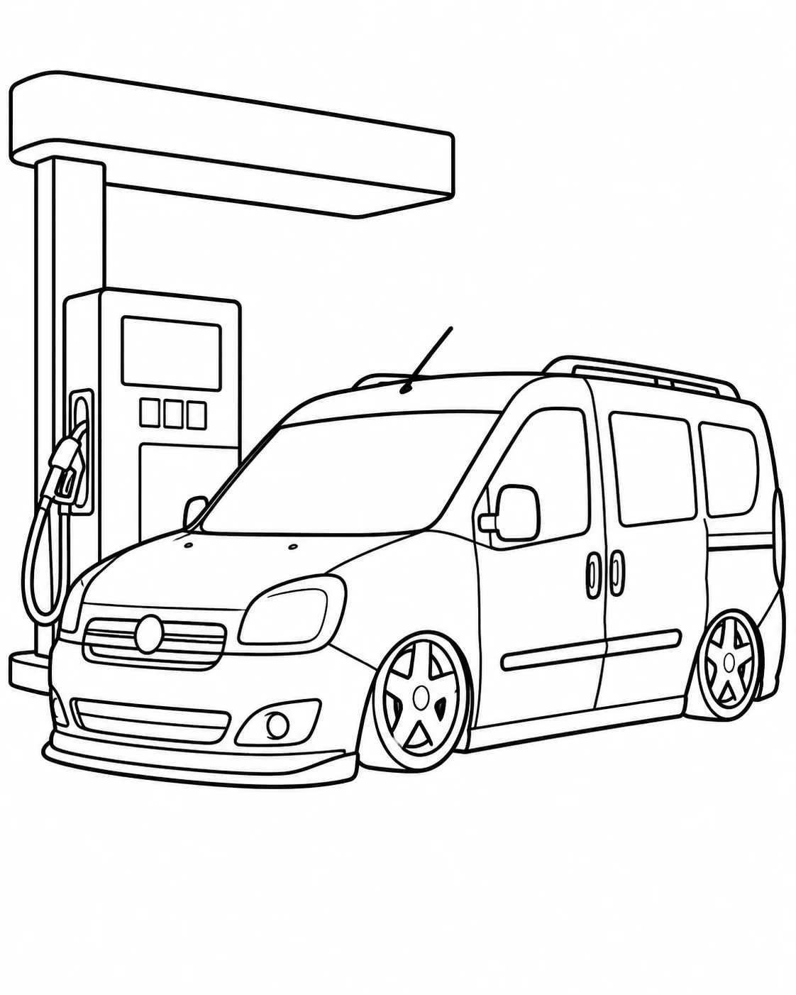 Benzin Pompası Yanındaki Minivan Boyama Sayfası