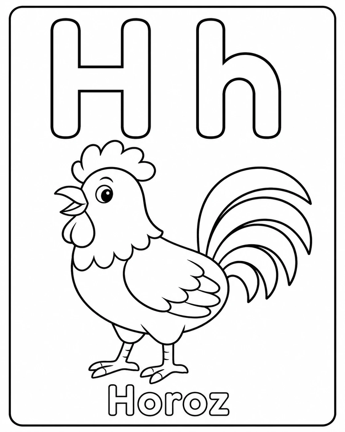 H Harfi ve Horoz Boyama Sayfası