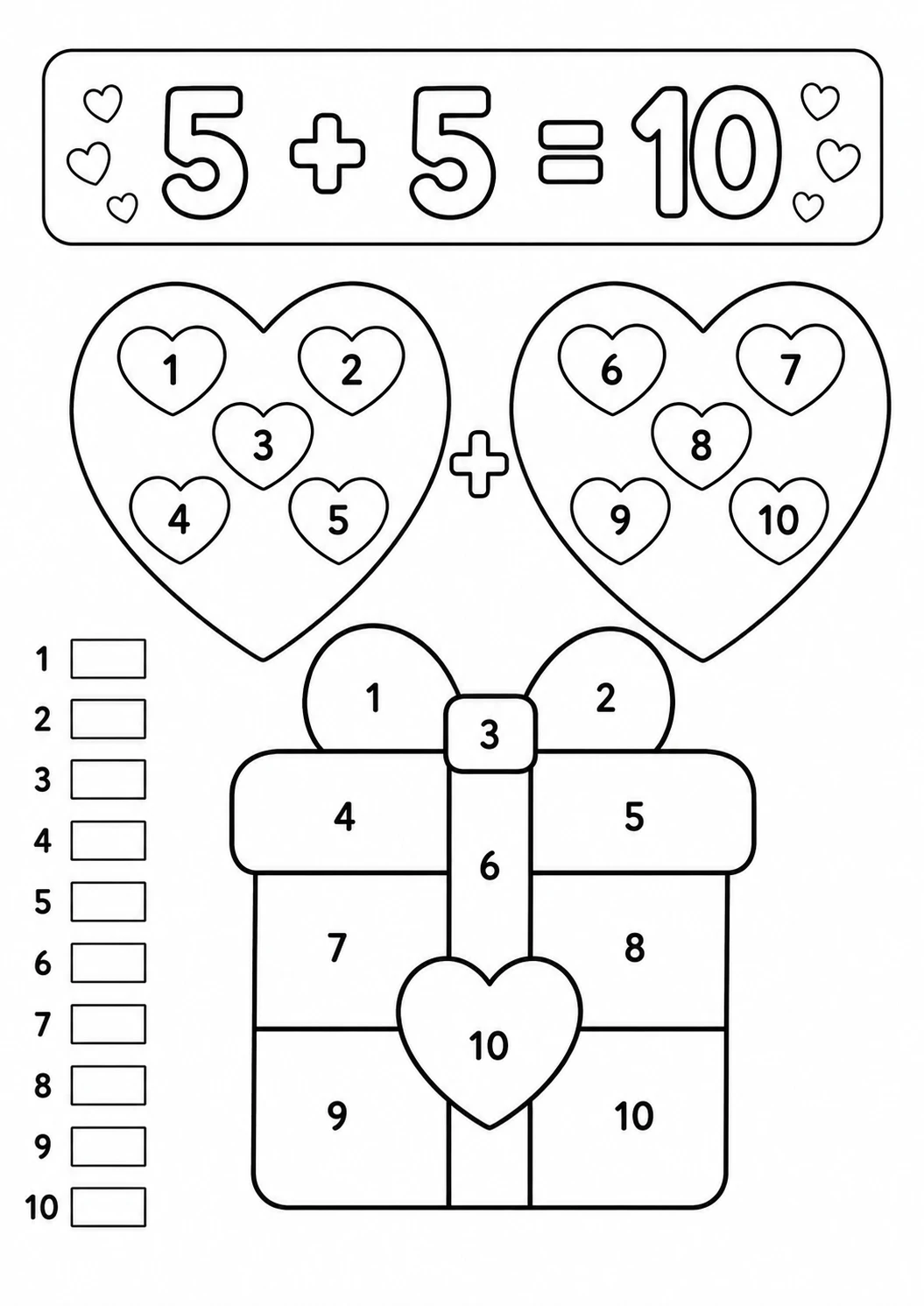 Kalp ve Hediye Kutulu Matematik Boyama Sayfası